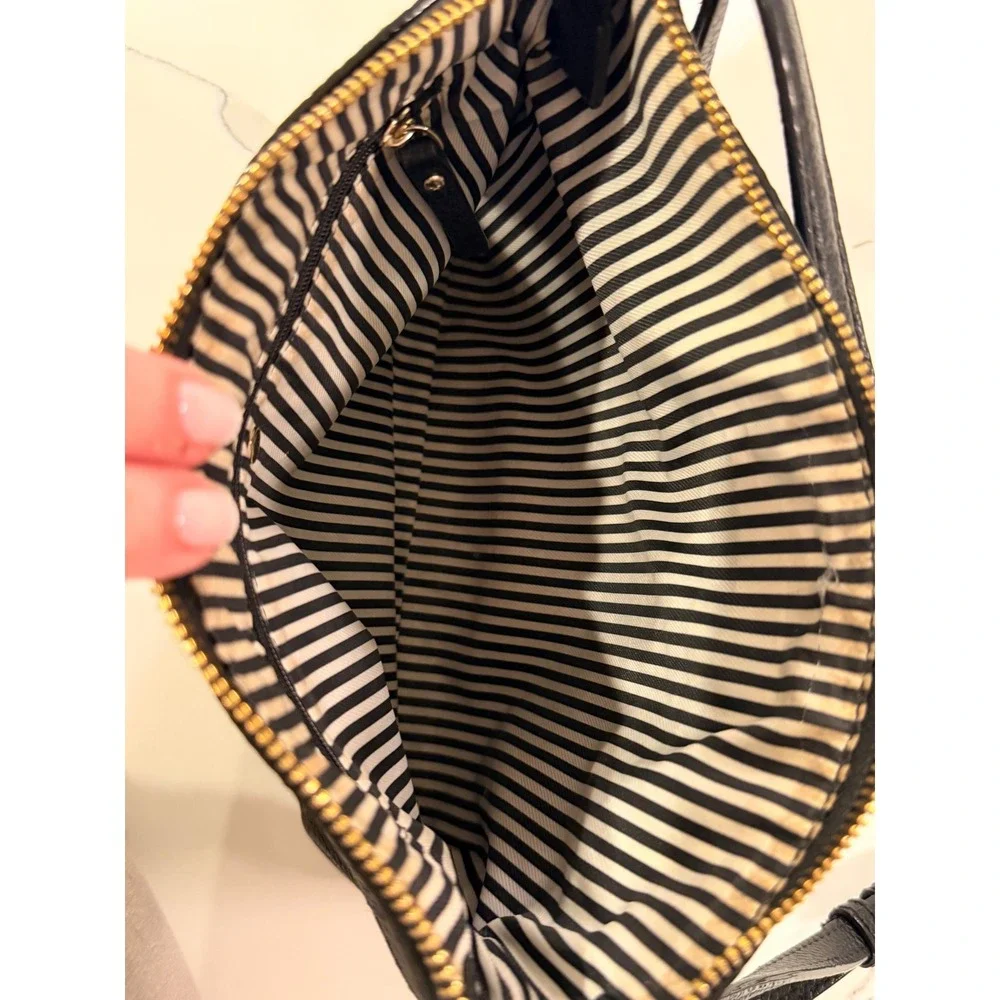 Kate Spade Black Pebbled‎ Leather Crossbody Zip Top Striped Lining